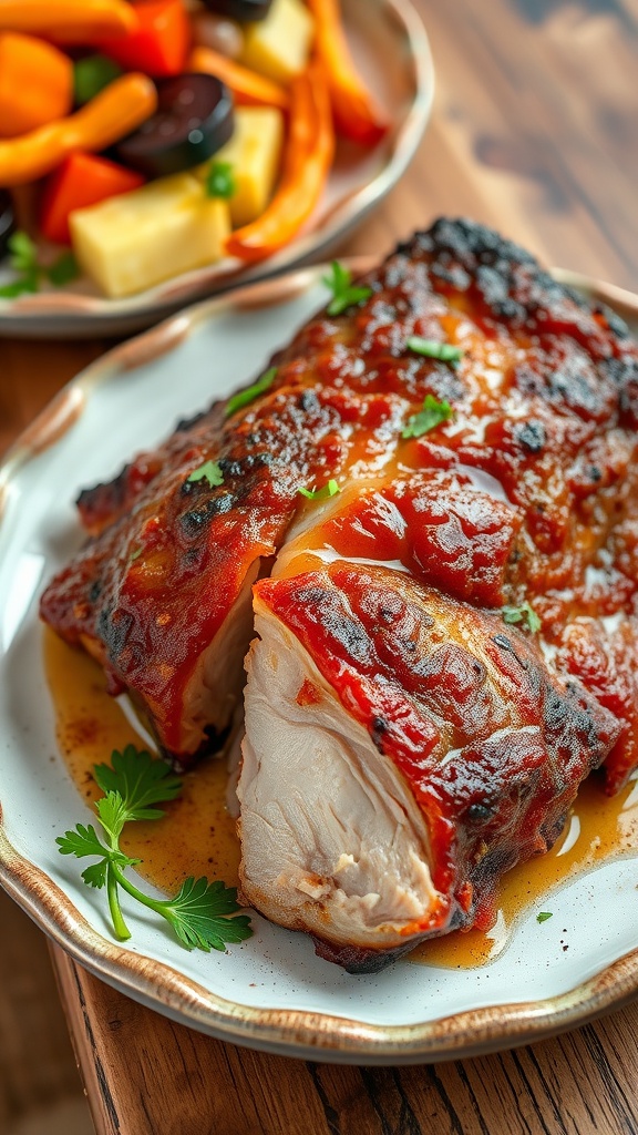 Crispy pork belly with crackling skin, garnished with herbs, served with roasted vegetables on a rustic table.